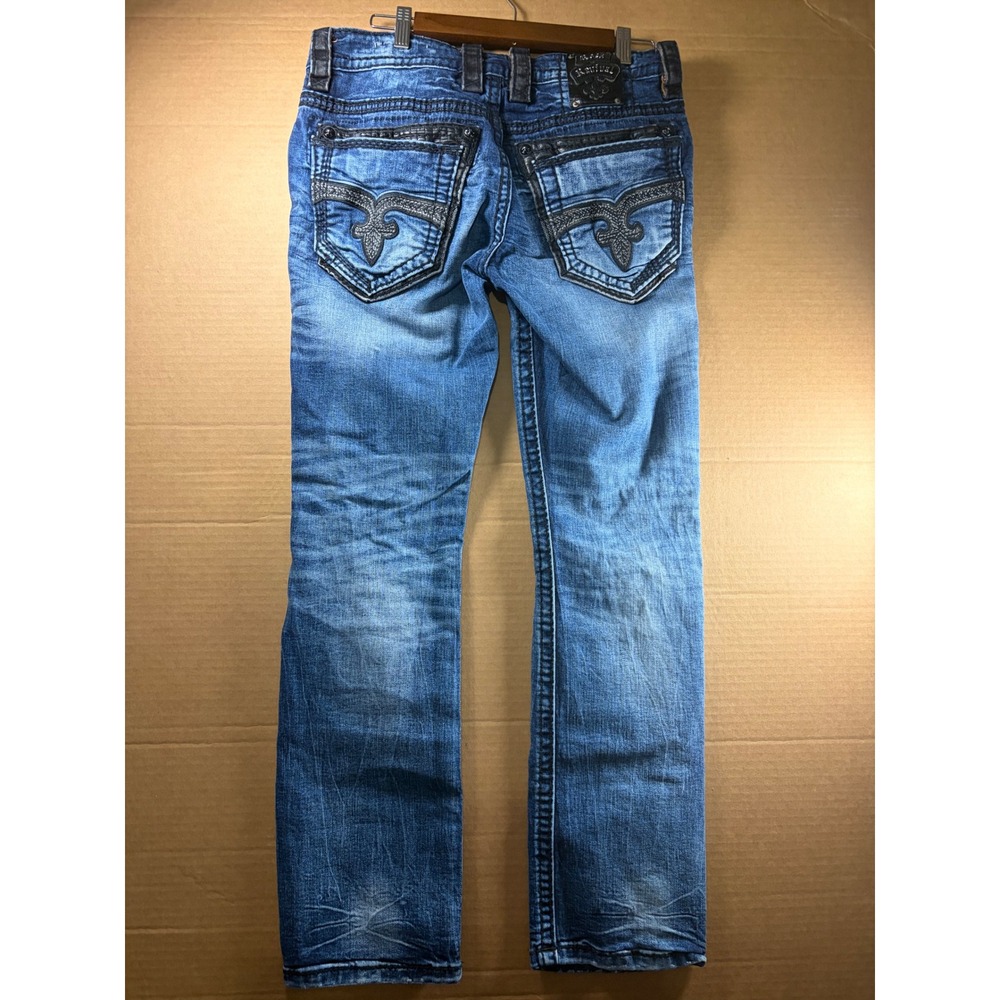 Rock Revival Ernesto Slim Straight Jeans‎ Mens 32 Blue Distressed Embroidered